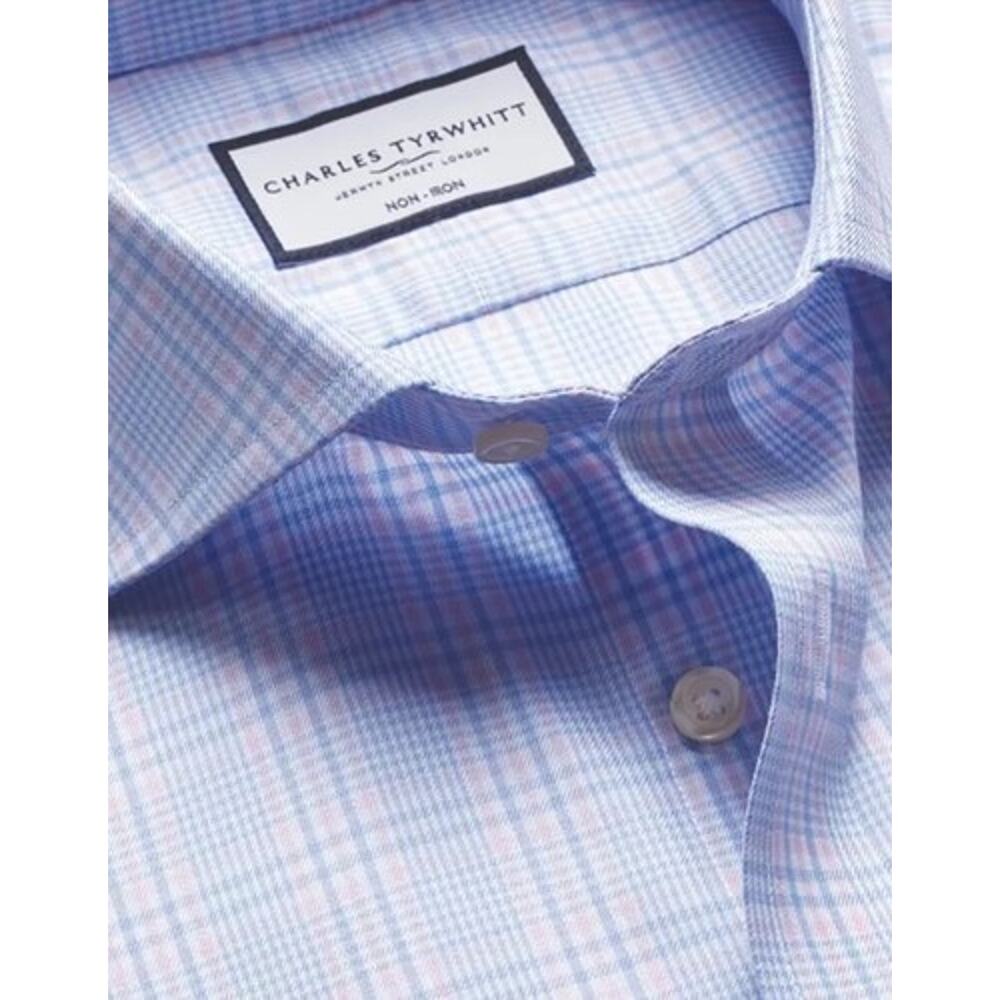 Charles Tyrwhitt Non Iron Twill Prince Of Wales Shirt Sky Blue & Pink 16 34in